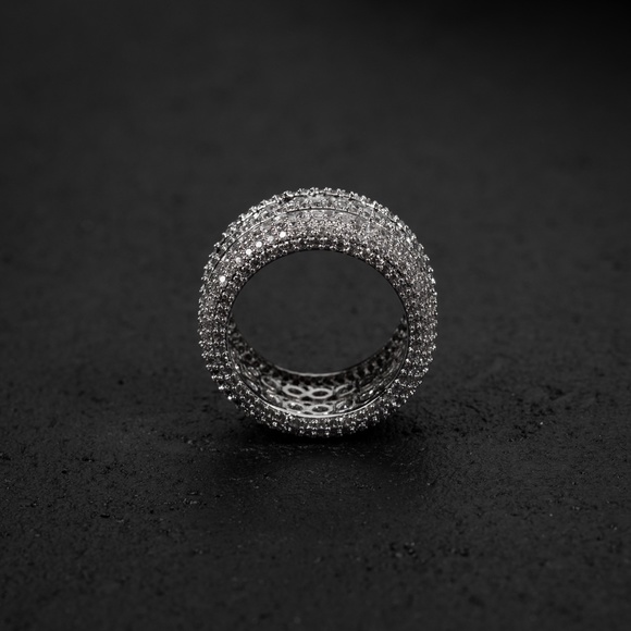 Men's White Gold Plated Iced Cz Two Row Pointer Hip Hop Elegant Eternity Ring - Picture 4 of 6